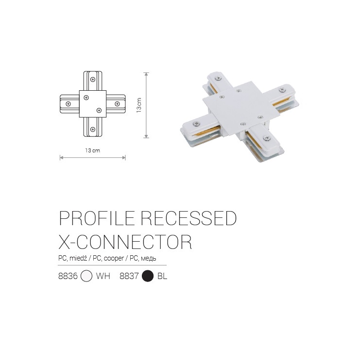 Įleidžiamo bėgelio jungtis PROFILE RECESSEčX-CONNECTOR WHITE - Apšvietimo sistemos, Bėginė apšvietimo sistema (vienfazė)