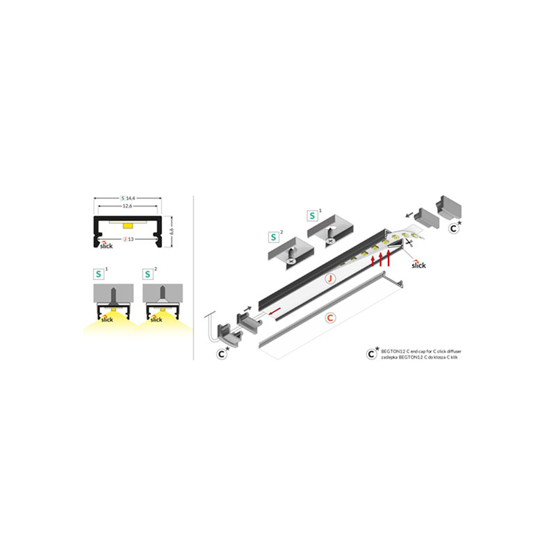 Virštinkinis LED profilis juodas BEGTON12 2M C7020021 - LED juostos, profiliai