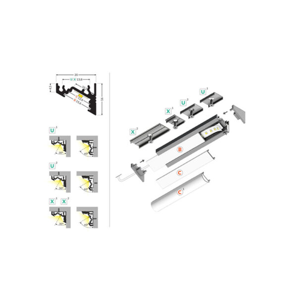 Virštinkinis kampinis LED profilis CORNER10 BC/UX 1M 83040001 - Profiliai LED juostai, Profiliai LED juostai