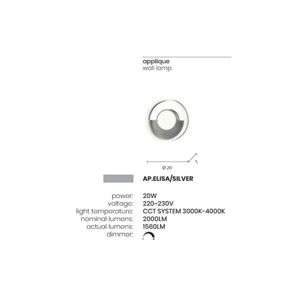 Sieninis šviestuvas ELISA 3000K-4000K 20W AP.ELISA/SILVER dimeriuojamas - Sieniniai šviestuvai, Sieniniai šviestuvai, Vidaus šviestuvai