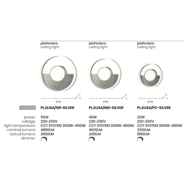 Lubinis šviestuvas ELISA 3000K-4000K 40W PL.ELISA/MD-SILVER dimeriuojamas - Lubiniai šviestuvai, Vidaus šviestuvai