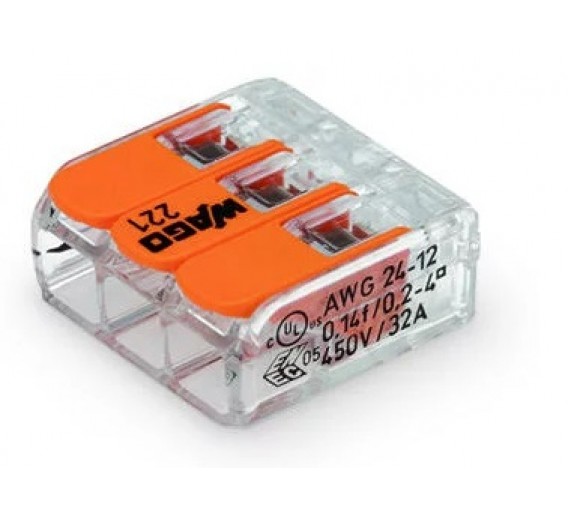 Universali 3 laidų jungtis 221-413, iki 4 mm, 32A, 50 vnt.,WAGO - Elektros instaliacija, šynos
