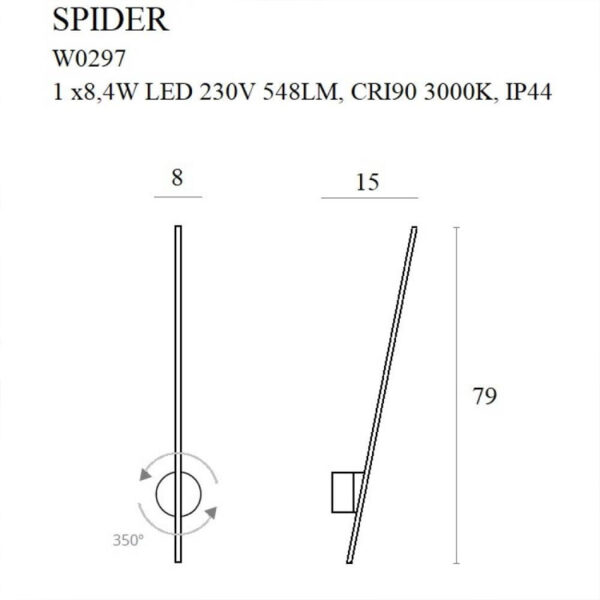Sieninis šviestuvas SPIDER 3000K 8.4W W0297 - Vonios šviestuvai